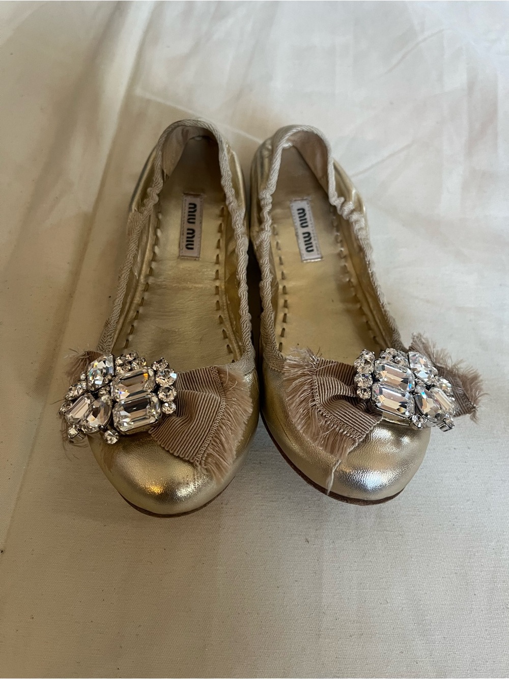 Miu Miu Metallic Gold Crystal-Embellished Ribbon Ballet Flats. Size 6.5